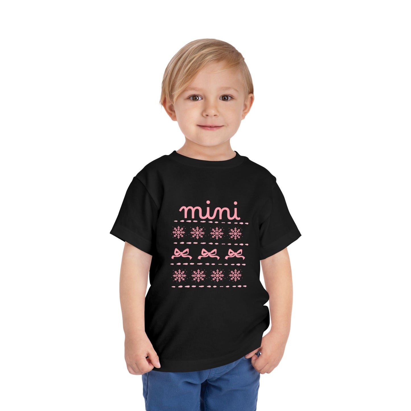 Mini Christmas Toddler Tee — Pink Bow & Snowflake Pattern Kids' Short Sleeve Shirt