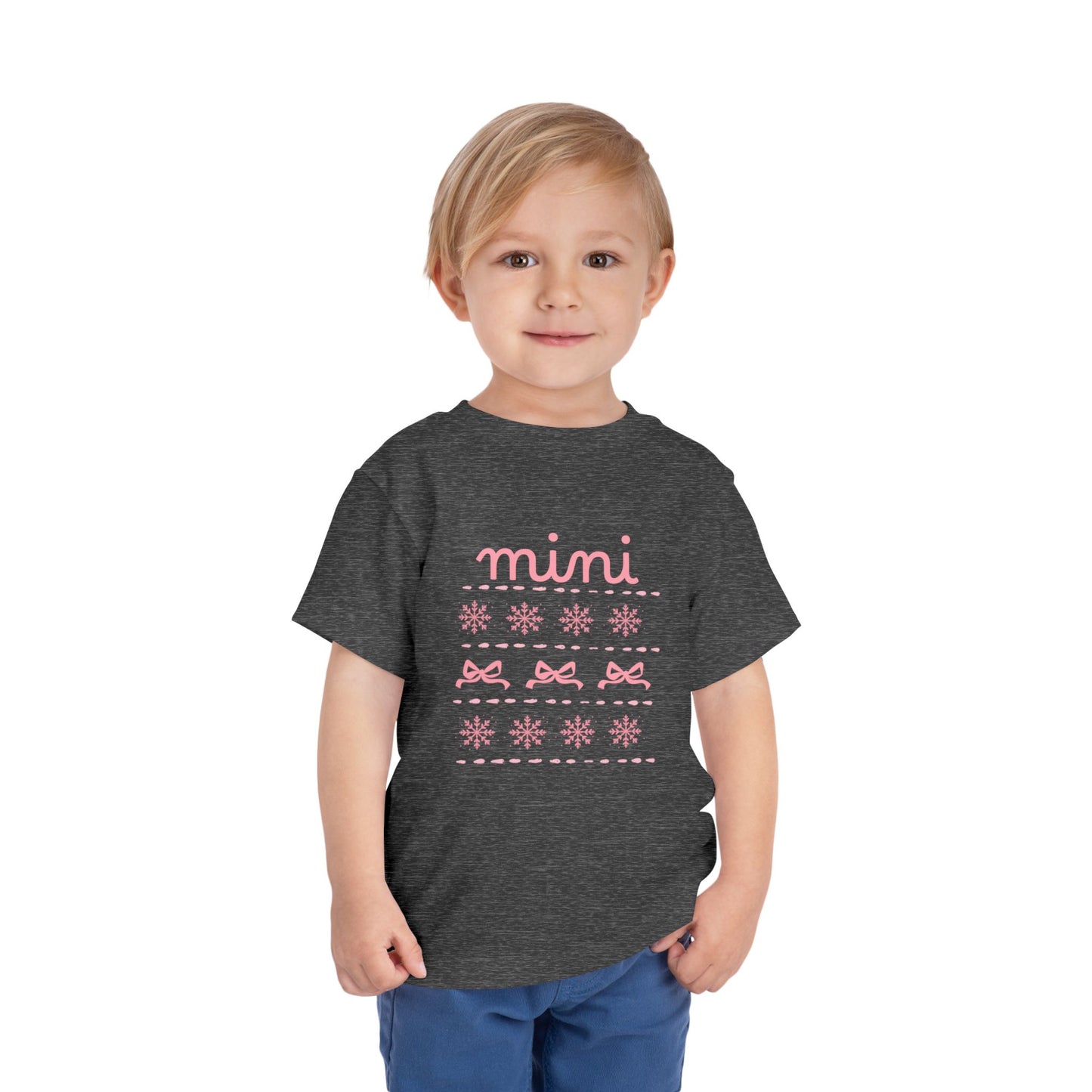 Mini Christmas Toddler Tee — Pink Bow & Snowflake Pattern Kids' Short Sleeve Shirt