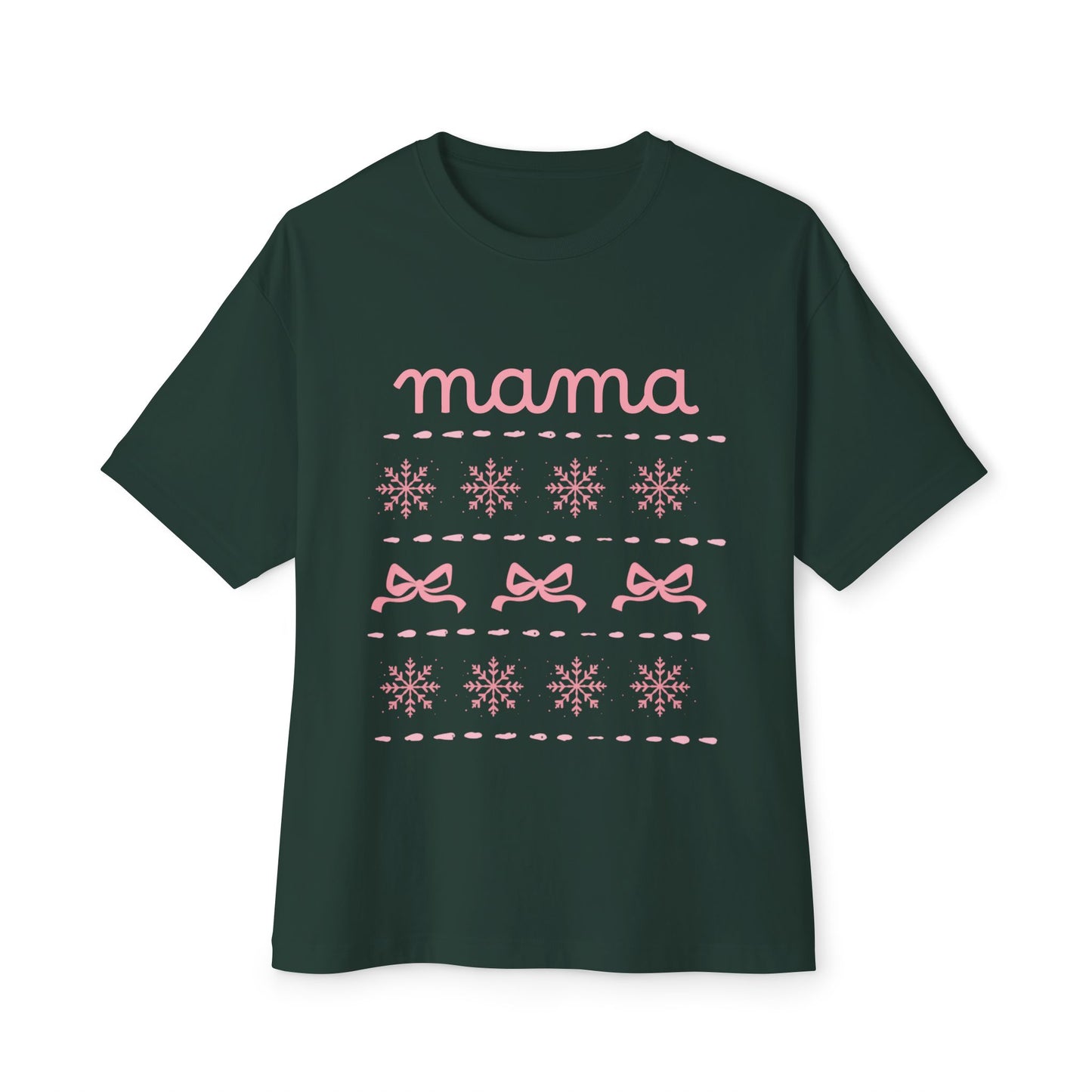 Mama Christmas Pink Bow Tee — Oversized Boxy Mom Shirt