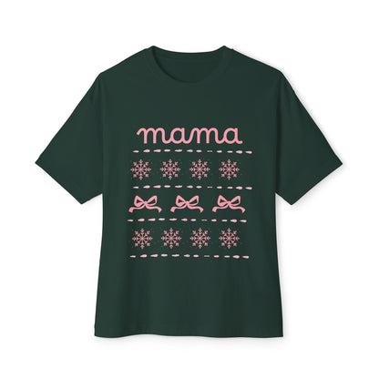 Mama Christmas Pink Bow Tee — Oversized Boxy Mom Shirt