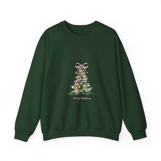 Christmas Tree Crewneck Sweatshirt - Pink Ribbon Watercolor Holiday Sweater