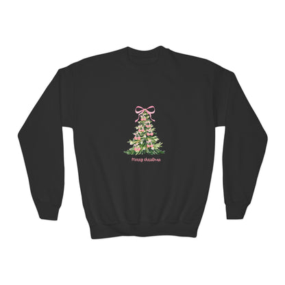 Youth Christmas Crewneck Sweatshirt — Pink Bow Holiday Tree “Merry & Bright”