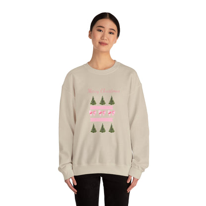 Merry Christmas Pink Ribbon & Trees Crewneck Sweatshirt