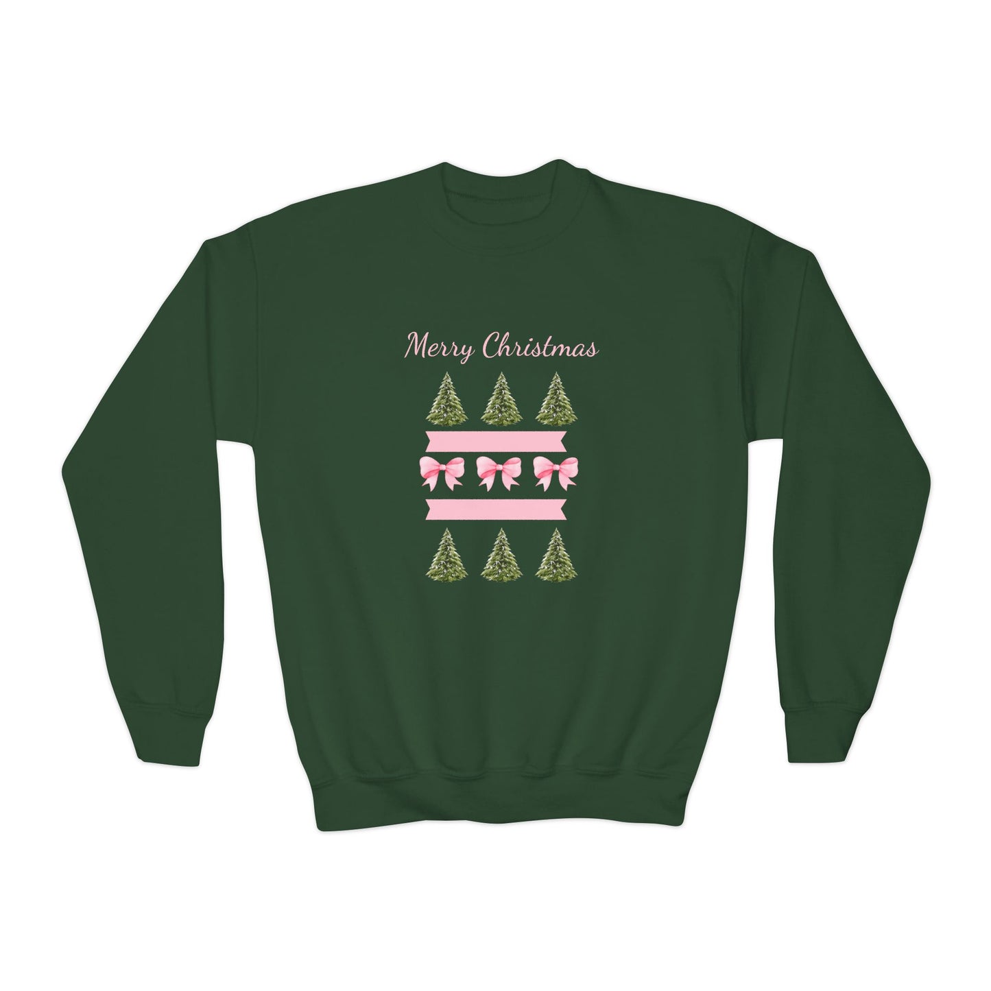 Merry Christmas Pink Ribbon and Trees Crewneck Sweatshirt