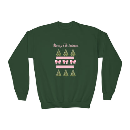 Merry Christmas Pink Ribbon and Trees Crewneck Sweatshirt