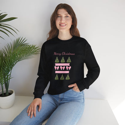 Merry Christmas Pink Ribbon & Trees Crewneck Sweatshirt