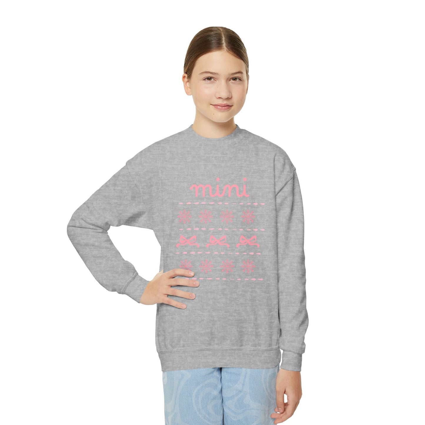 Mini Christmas Kids Crewneck Sweatshirt — Pink Snowflake & Bow Kids Sweatshirt