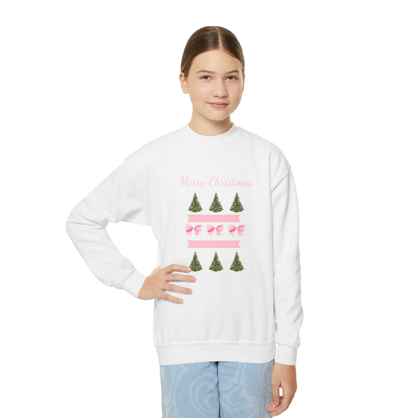 Merry Christmas Pink Ribbon and Trees Crewneck Sweatshirt