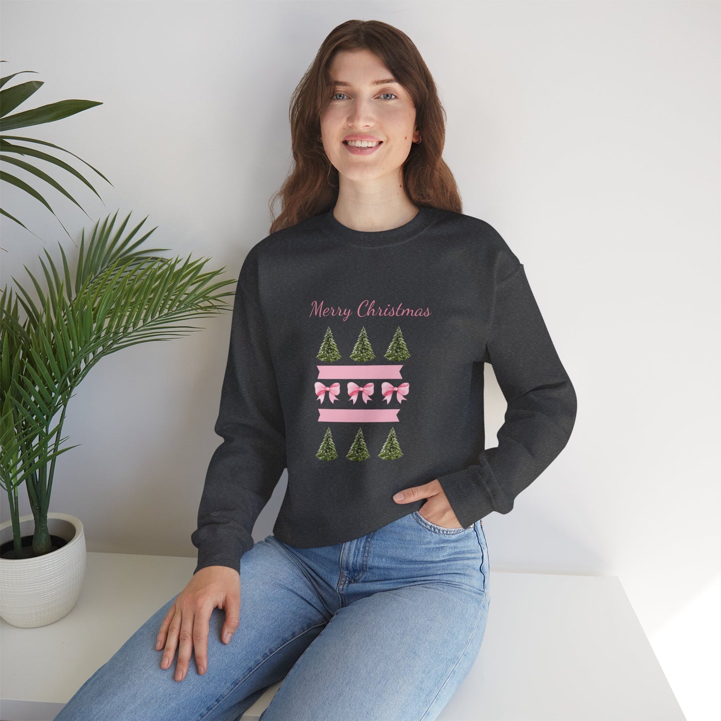 Merry Christmas Pink Ribbon & Trees Crewneck Sweatshirt