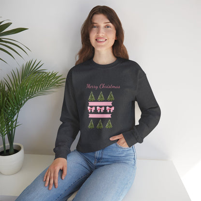 Merry Christmas Pink Ribbon & Trees Crewneck Sweatshirt