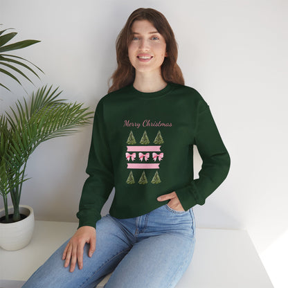 Merry Christmas Pink Ribbon & Trees Crewneck Sweatshirt