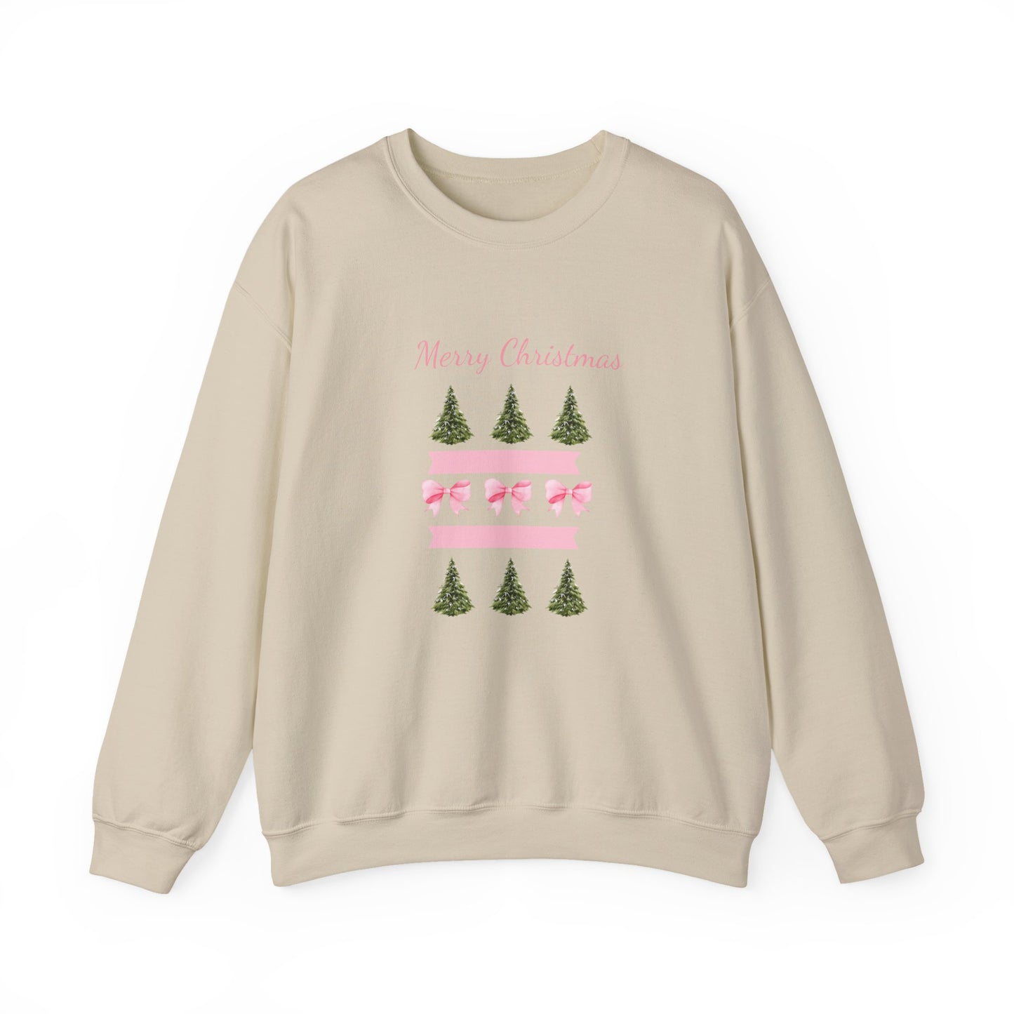 Merry Christmas Pink Ribbon & Trees Crewneck Sweatshirt