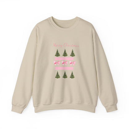 Merry Christmas Pink Ribbon & Trees Crewneck Sweatshirt