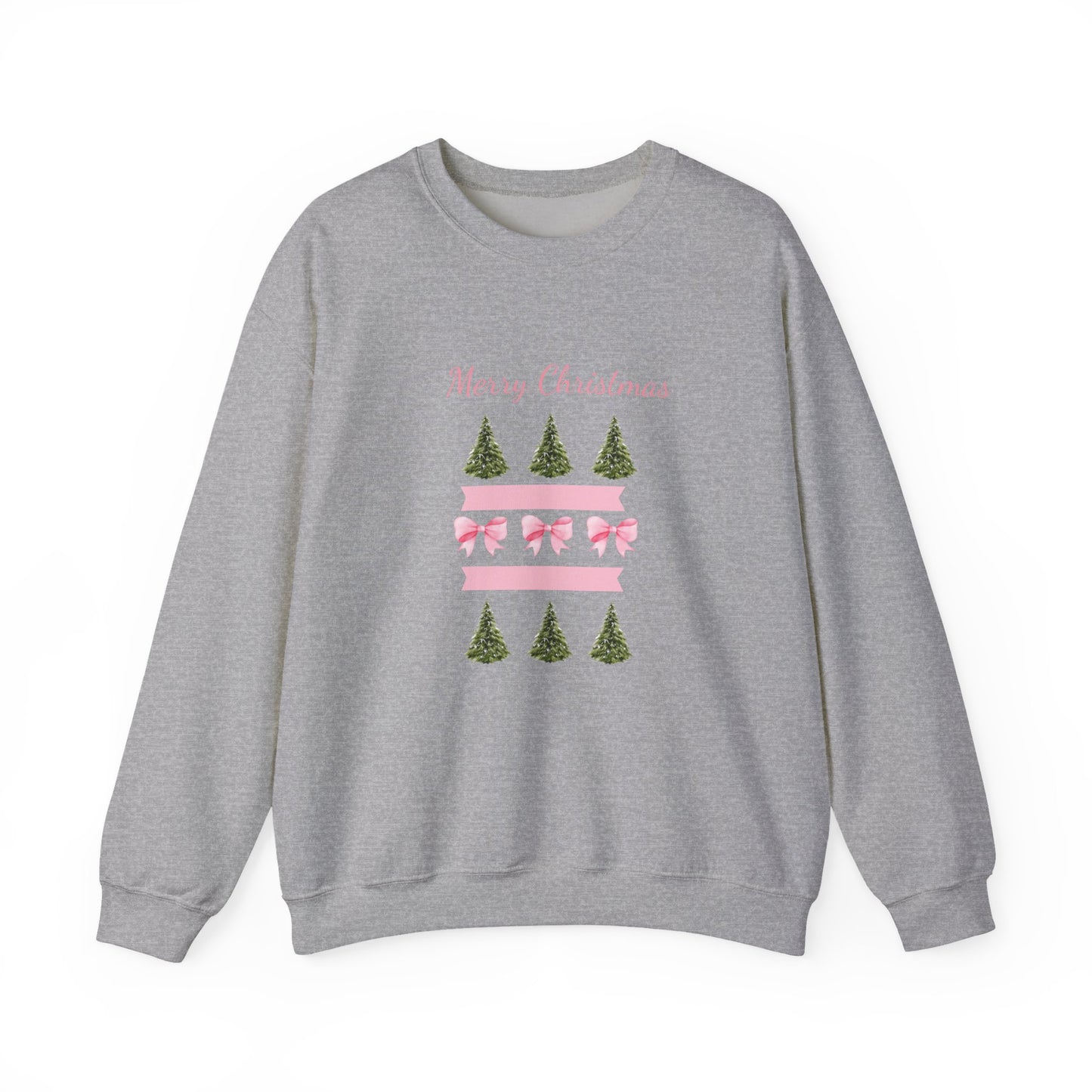 Merry Christmas Pink Ribbon & Trees Crewneck Sweatshirt