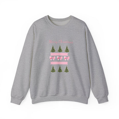 Merry Christmas Pink Ribbon & Trees Crewneck Sweatshirt