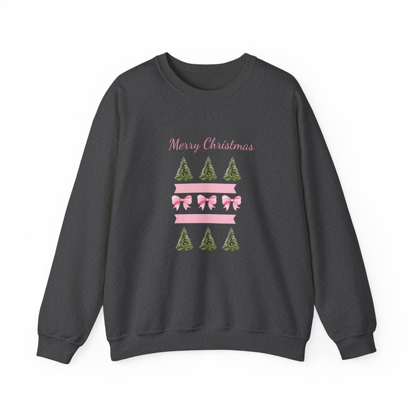 Merry Christmas Pink Ribbon & Trees Crewneck Sweatshirt
