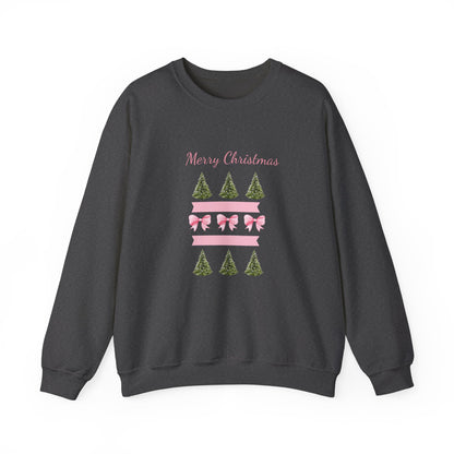 Merry Christmas Pink Ribbon & Trees Crewneck Sweatshirt