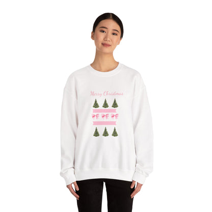 Merry Christmas Pink Ribbon & Trees Crewneck Sweatshirt