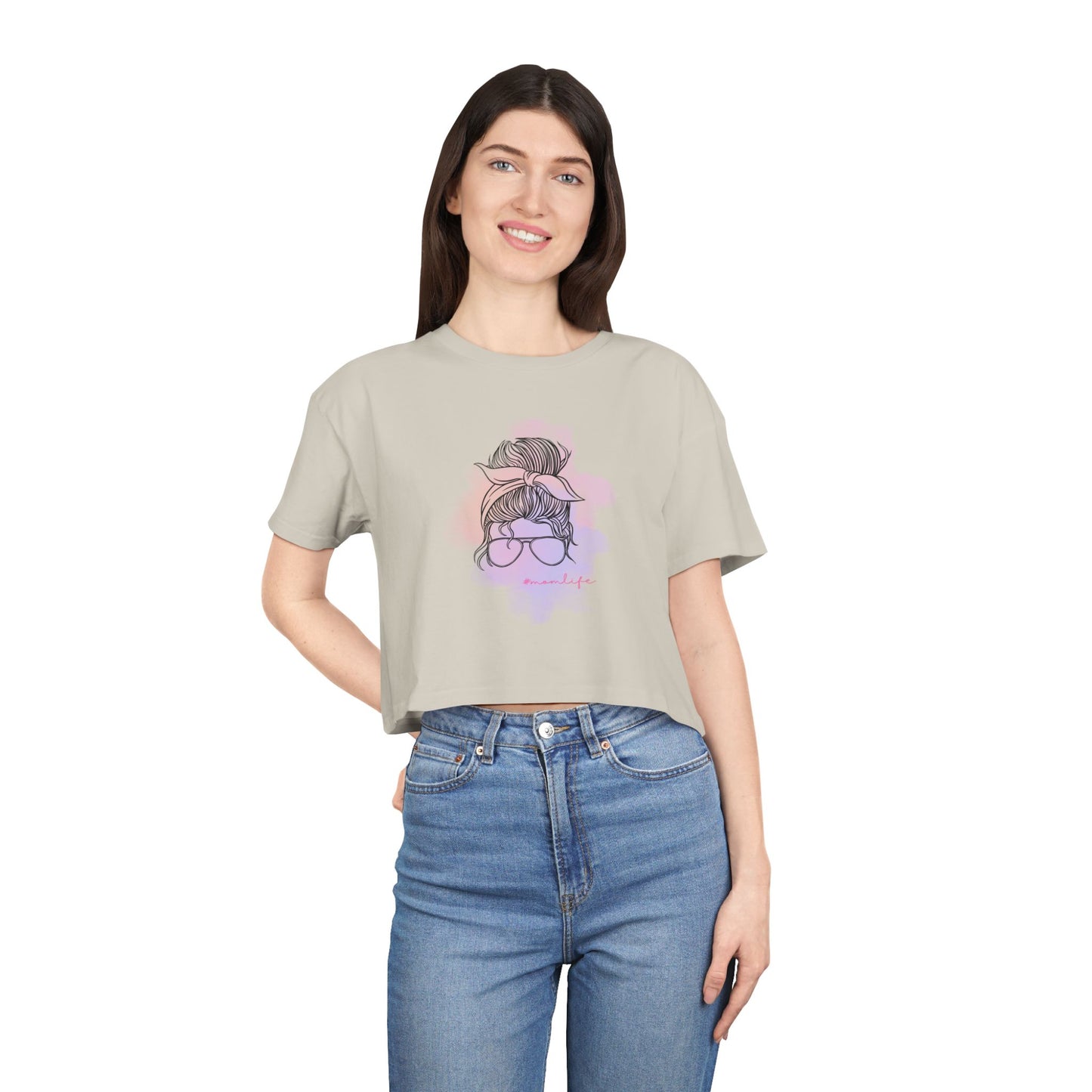 Women's Crop Tee with Messy Bun Sunglasses Mom Life Design | Stylish Casual Top, Summer Fashion, Gift for Her, Trendy Everyday Wear, Cute Graphic Tee
