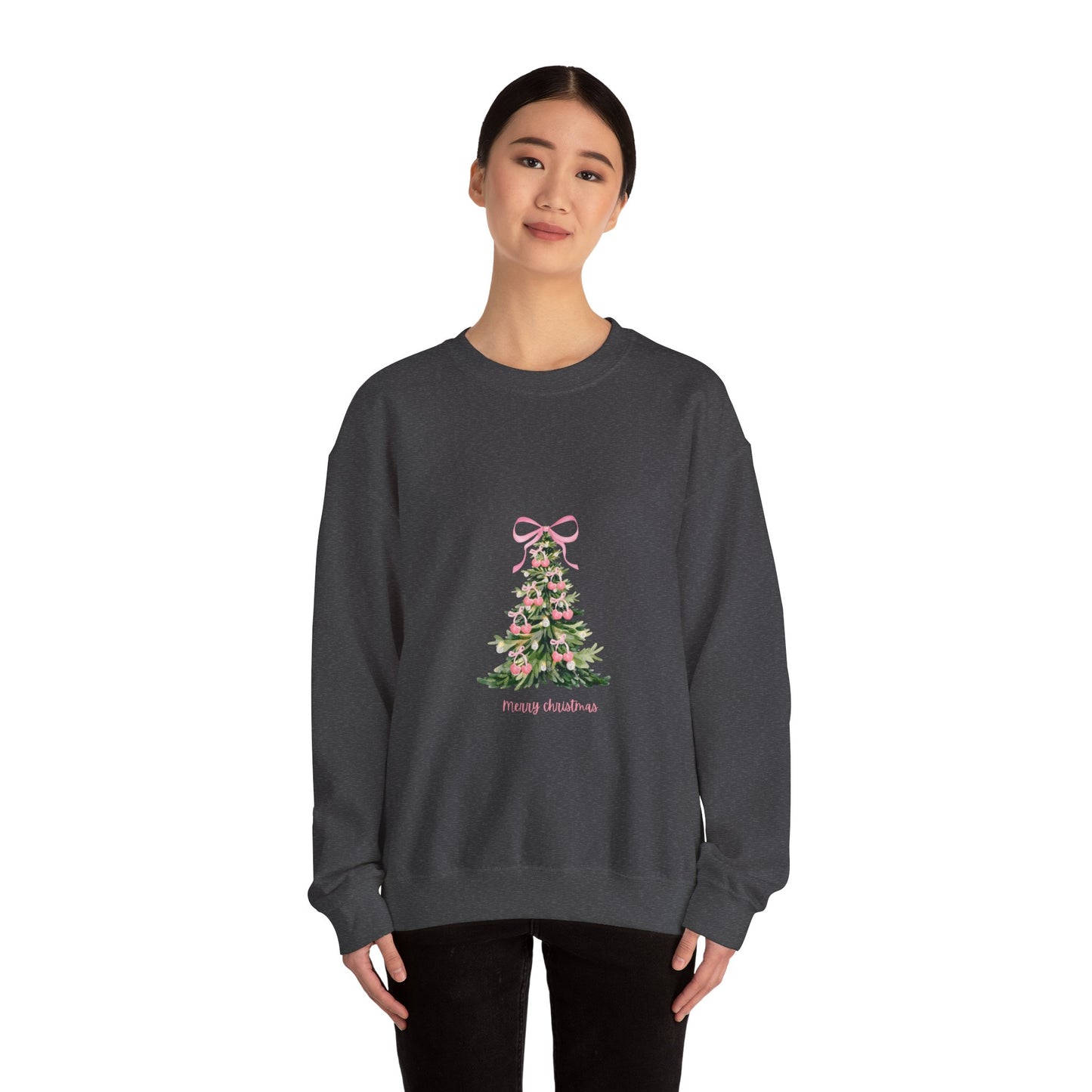 Christmas Tree Crewneck Sweatshirt - Pink Ribbon Watercolor Holiday Sweater