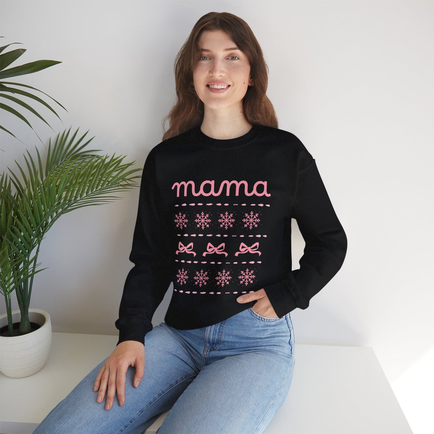 Mama Christmas Crewneck Sweatshirt — Pink Holiday Mama Graphic