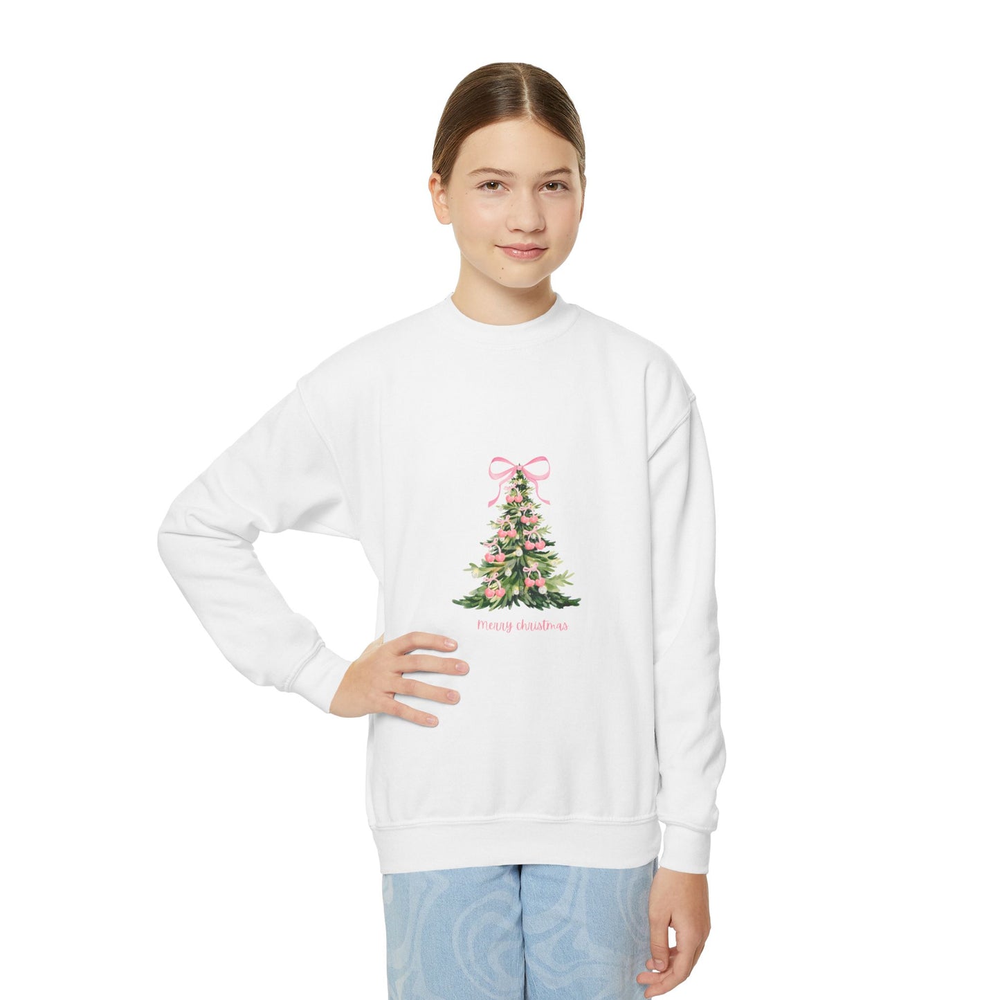 Youth Christmas Crewneck Sweatshirt — Pink Bow Holiday Tree “Merry & Bright”