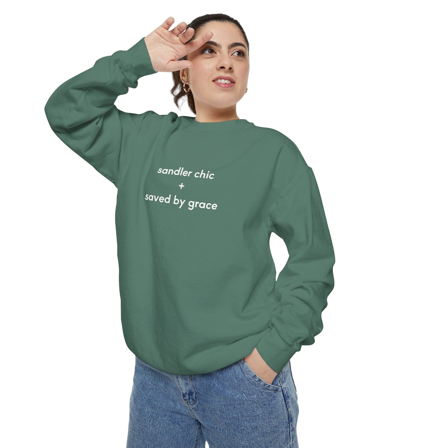 Sandler Chic and Saved By Grace Sweatshirt – Minimalist 'sandler chic + saved by grace' Christian Crewneck