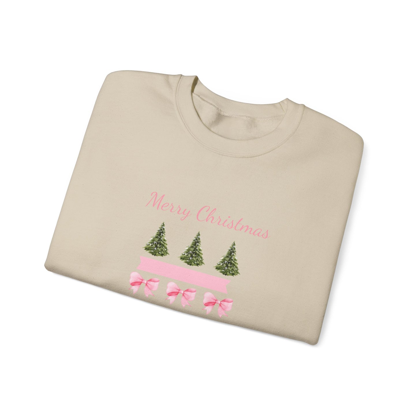 Merry Christmas Pink Ribbon & Trees Crewneck Sweatshirt