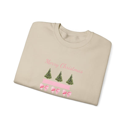 Merry Christmas Pink Ribbon & Trees Crewneck Sweatshirt