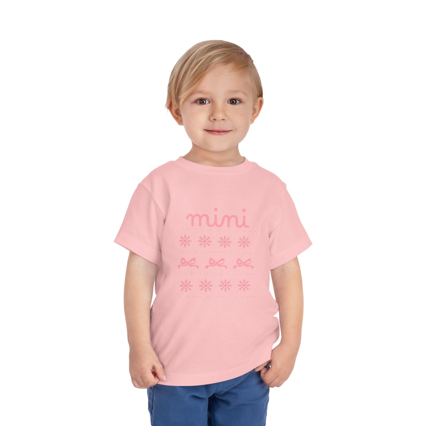 Mini Christmas Toddler Tee — Pink Bow & Snowflake Pattern Kids' Short Sleeve Shirt