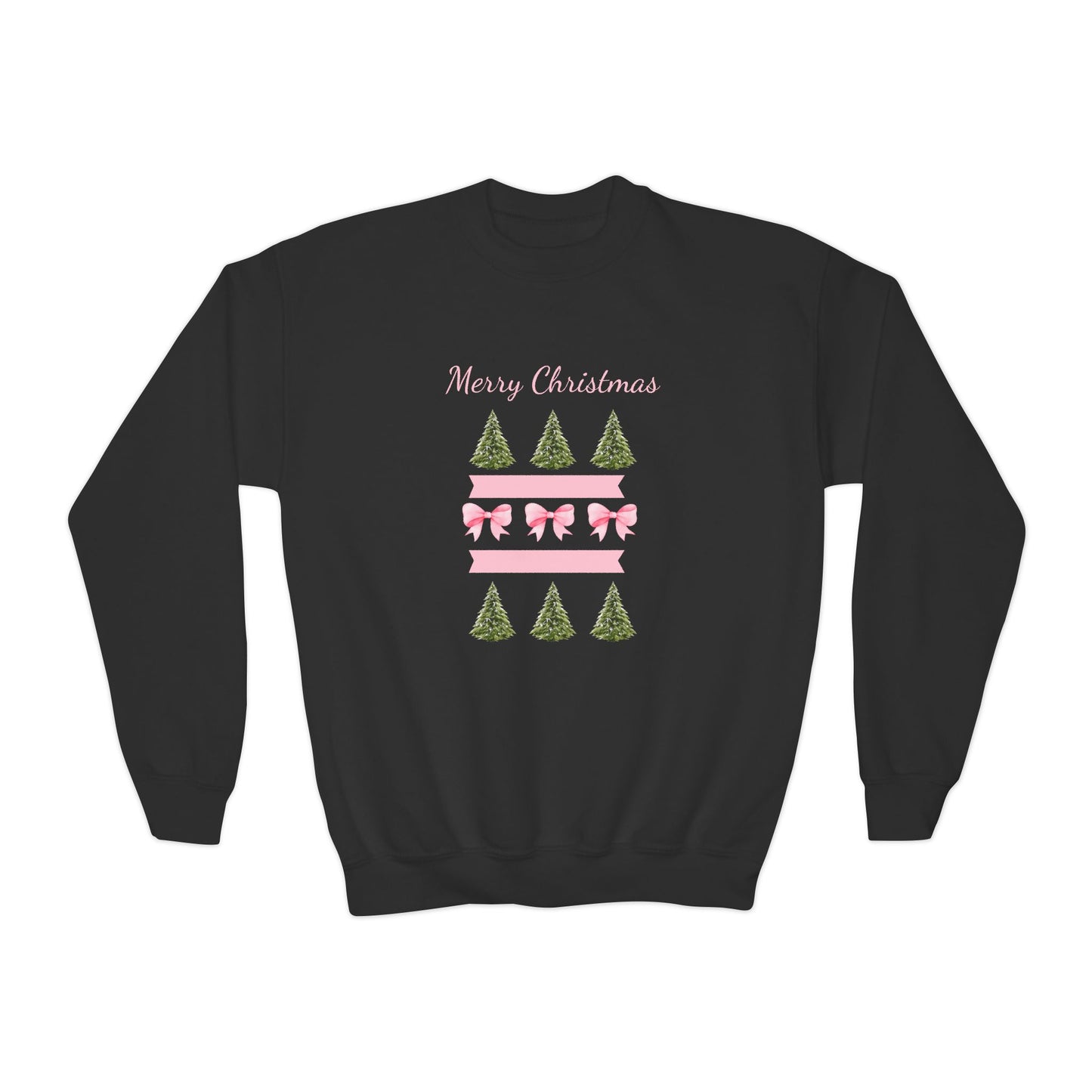 Merry Christmas Pink Ribbon and Trees Crewneck Sweatshirt