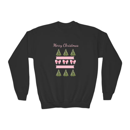 Merry Christmas Pink Ribbon and Trees Crewneck Sweatshirt