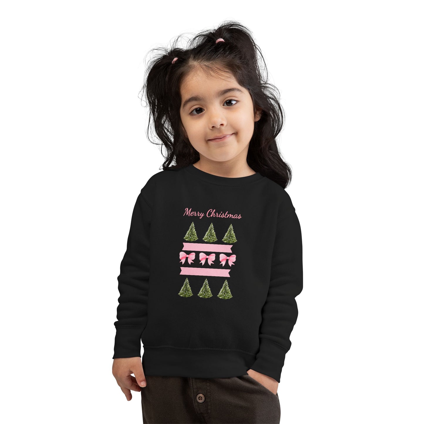 Merry Christmas Pink Ribbon and Trees Toddler Sweatshirt