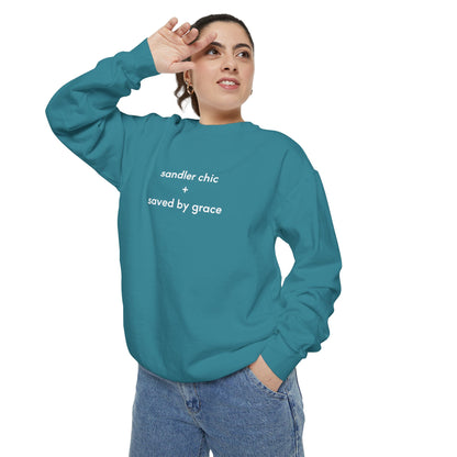 Sandler Chic and Saved By Grace Sweatshirt – Minimalist 'sandler chic + saved by grace' Christian Crewneck