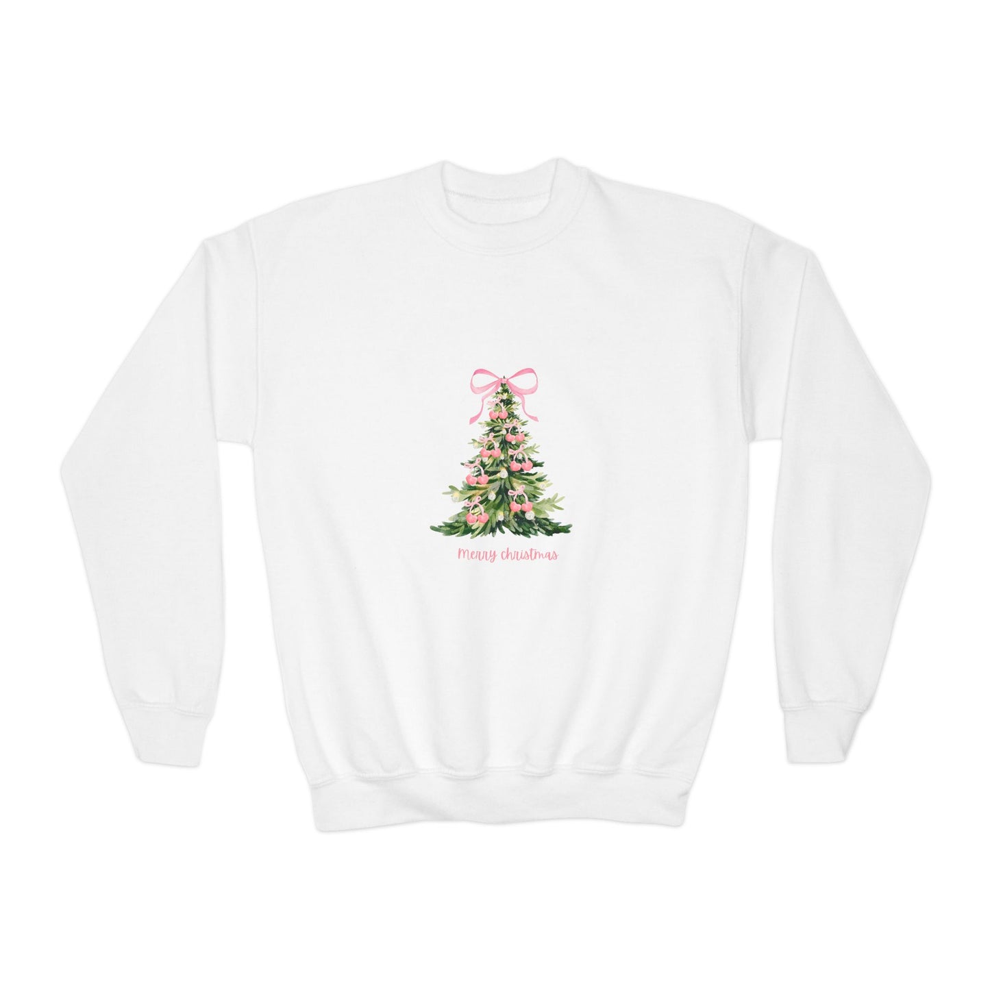 Youth Christmas Crewneck Sweatshirt — Pink Bow Holiday Tree “Merry & Bright”