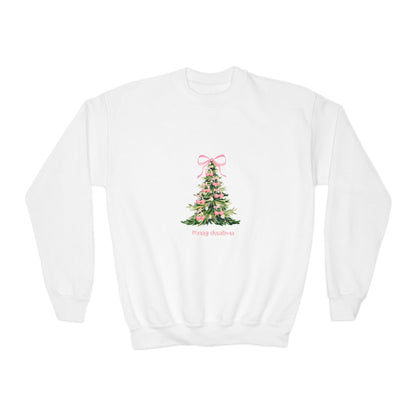 Youth Christmas Crewneck Sweatshirt — Pink Bow Holiday Tree “Merry & Bright”