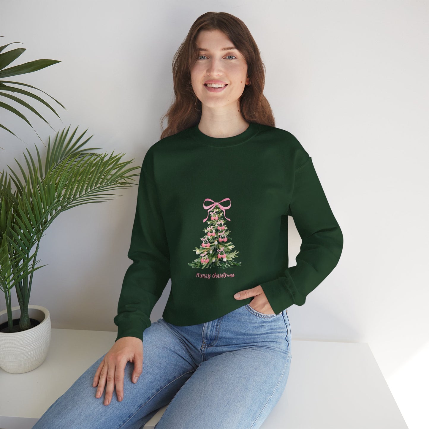Christmas Tree Crewneck Sweatshirt - Pink Ribbon Watercolor Holiday Sweater