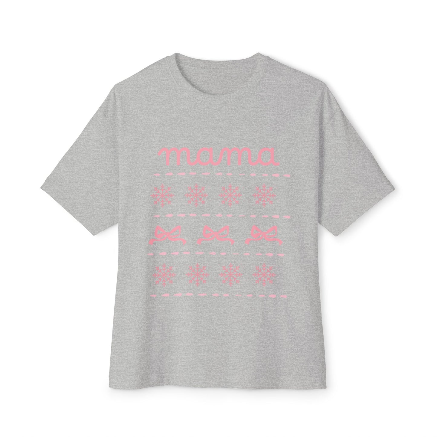 Mama Christmas Pink Bow Tee — Oversized Boxy Mom Shirt