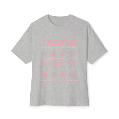 Mama Christmas Pink Bow Tee — Oversized Boxy Mom Shirt