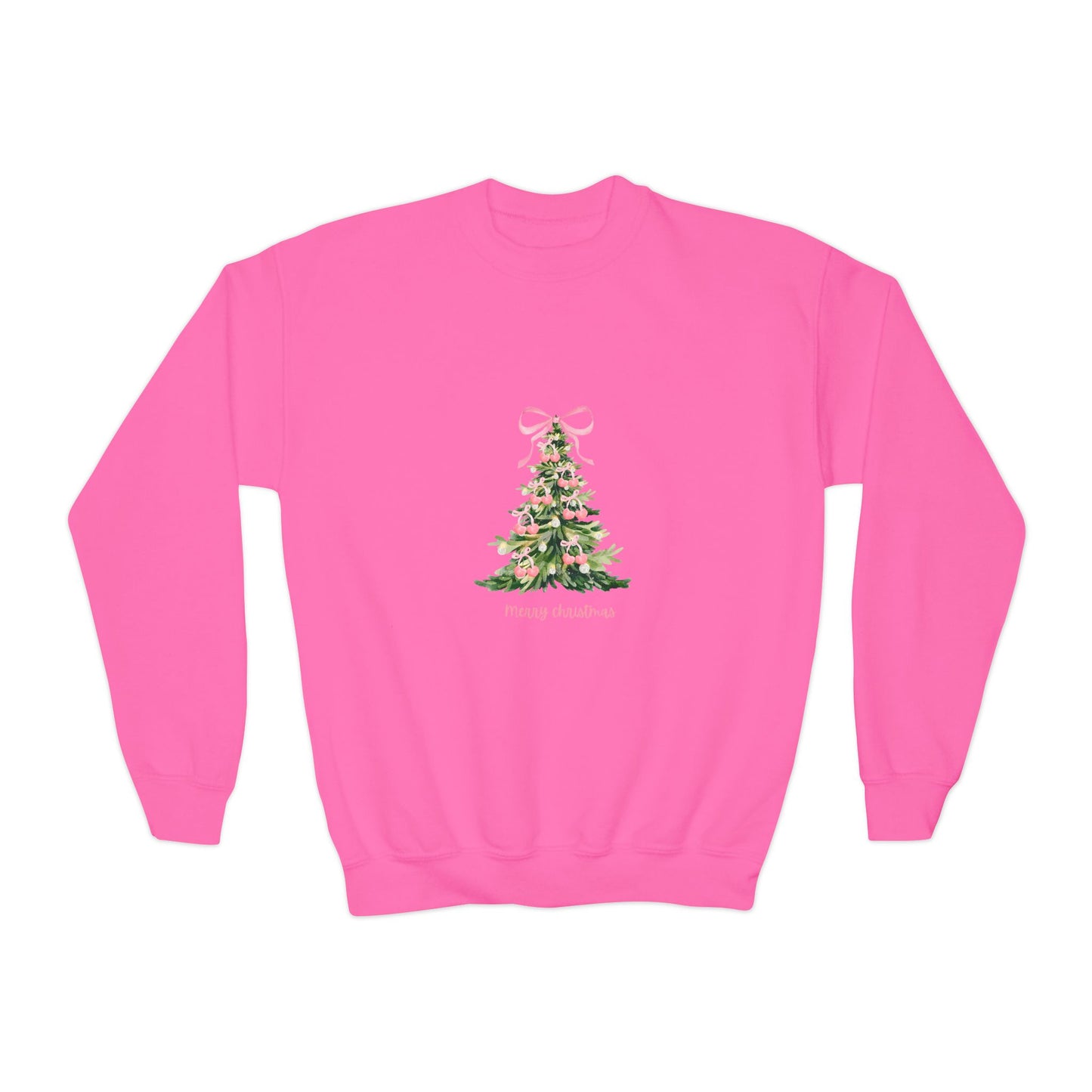 Youth Christmas Crewneck Sweatshirt — Pink Bow Holiday Tree “Merry & Bright”
