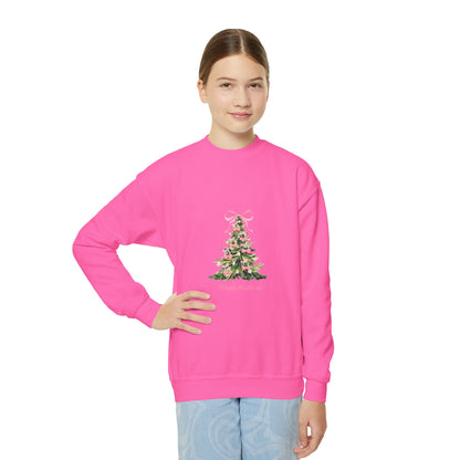 Youth Christmas Crewneck Sweatshirt — Pink Bow Holiday Tree “Merry & Bright”