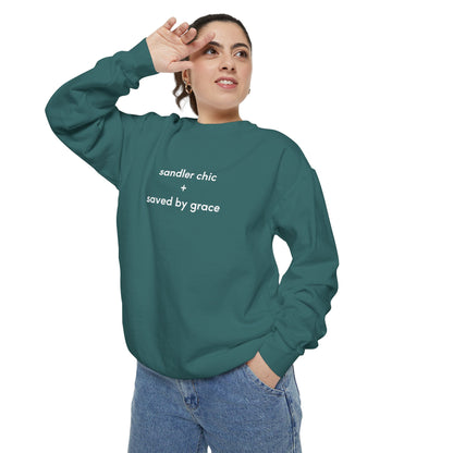 Sandler Chic and Saved By Grace Sweatshirt – Minimalist 'sandler chic + saved by grace' Christian Crewneck