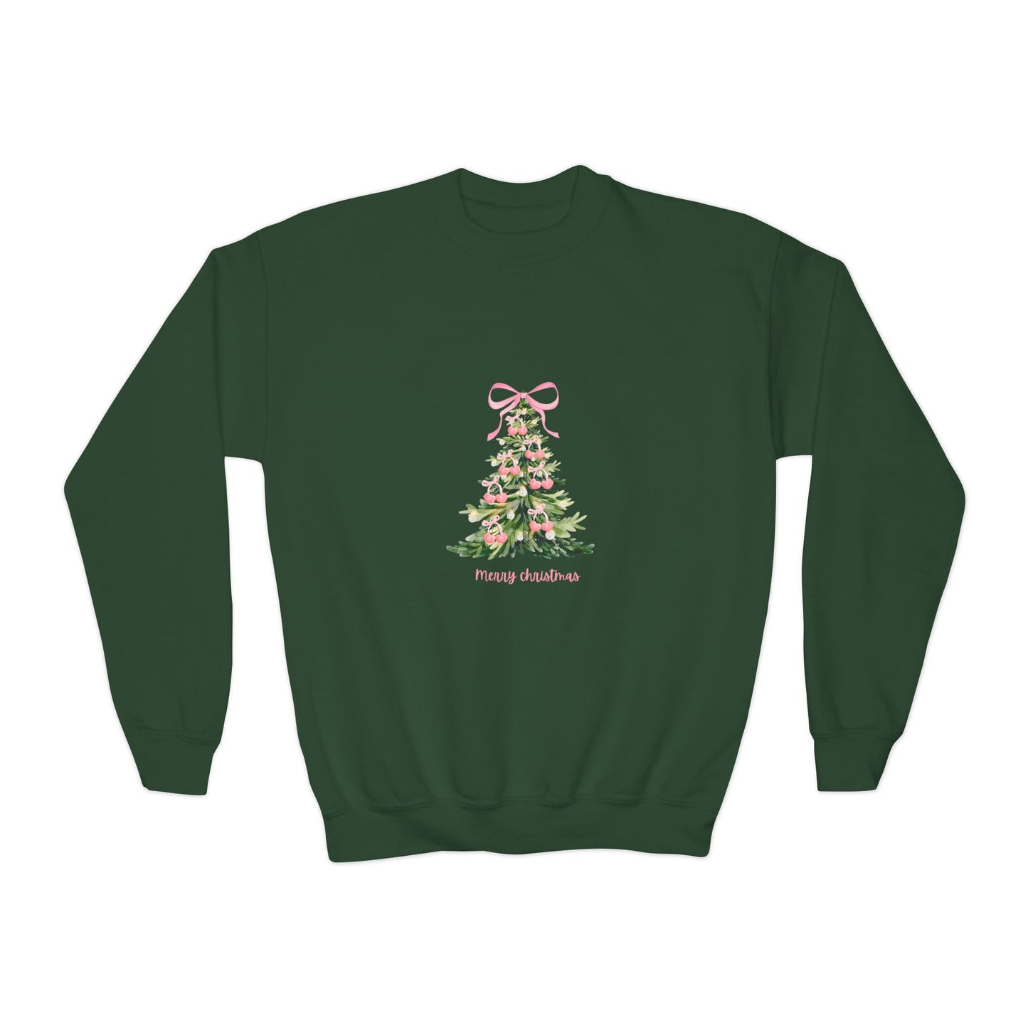 Youth Christmas Crewneck Sweatshirt — Pink Bow Holiday Tree “Merry & Bright”