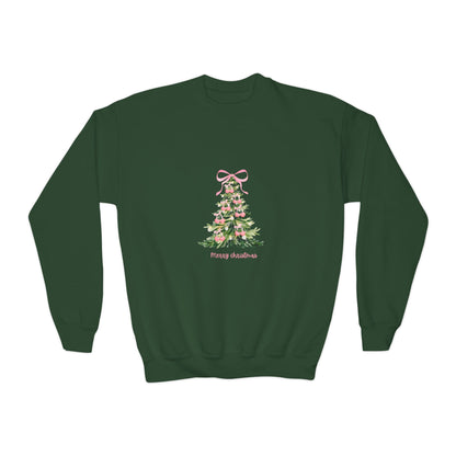 Youth Christmas Crewneck Sweatshirt — Pink Bow Holiday Tree “Merry & Bright”