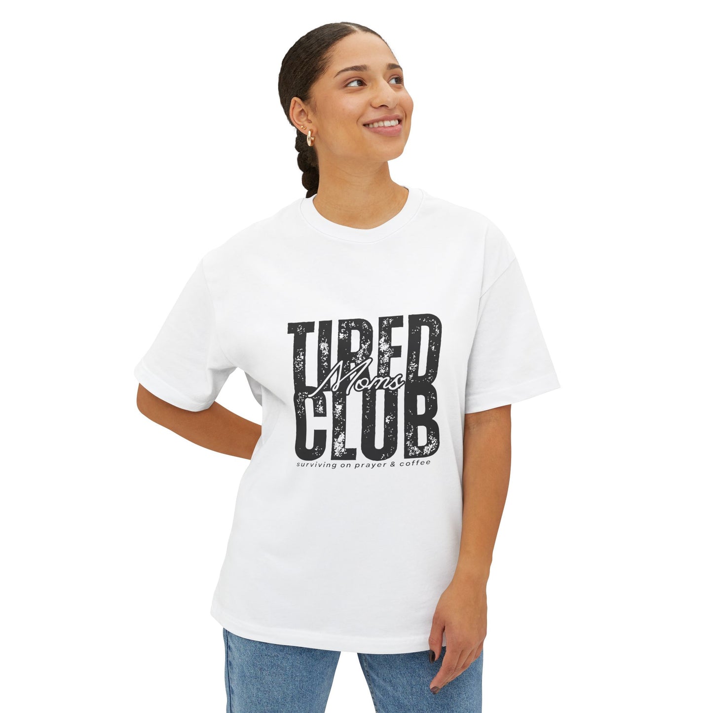 Tired Moms Club Graphic Tee — Vintage Distressed Oversized Boxy Shirt