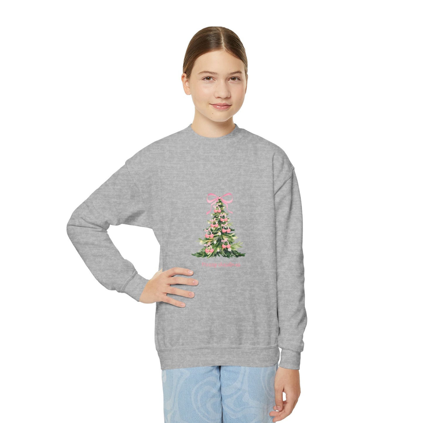 Youth Christmas Crewneck Sweatshirt — Pink Bow Holiday Tree “Merry & Bright”