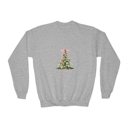 Youth Christmas Crewneck Sweatshirt — Pink Bow Holiday Tree “Merry & Bright”