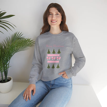 Merry Christmas Pink Ribbon & Trees Crewneck Sweatshirt